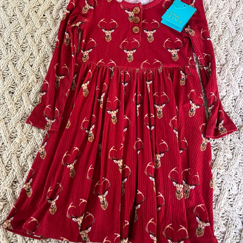 Posh Peanut NEW Red Henley Twirl Dress in Dash Deer Christmas Holiday size 3-4 - Picture 3 of 12